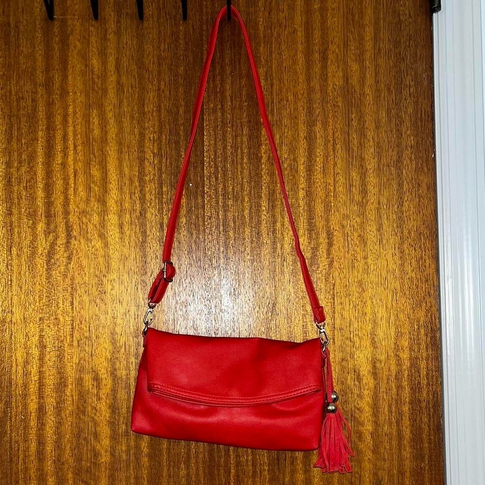 thrifted red fold over crossbody bag